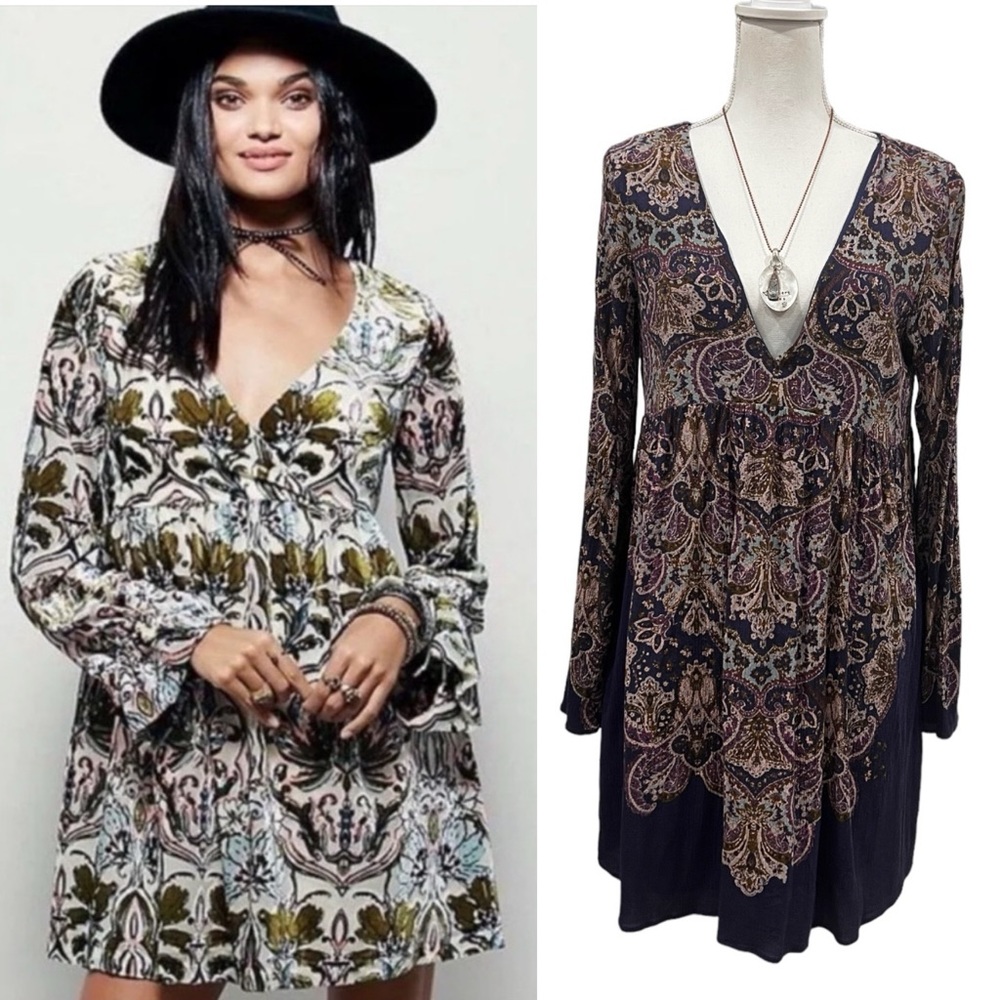 Free People Blue Paisley V Neck Swing Dress